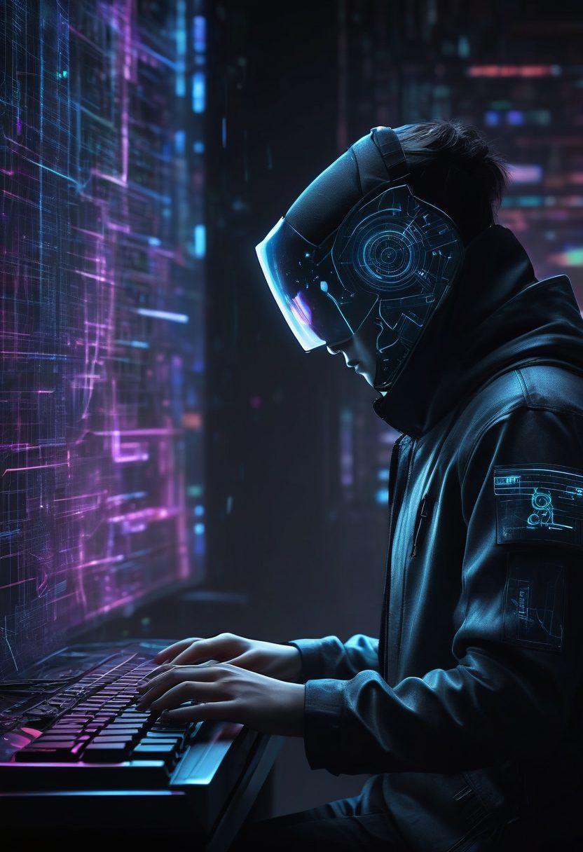 A sleek and modern silhouette of a person typing on a futuristic keyboard, surrounded by glowing neon connections in an abstract dark web background, with elements of cyberpunk aesthetics and digital code floating around. Darknet-inspired icons and symbols subtly incorporated in the design. super-realistic. vibrant colors. cyberpunk.