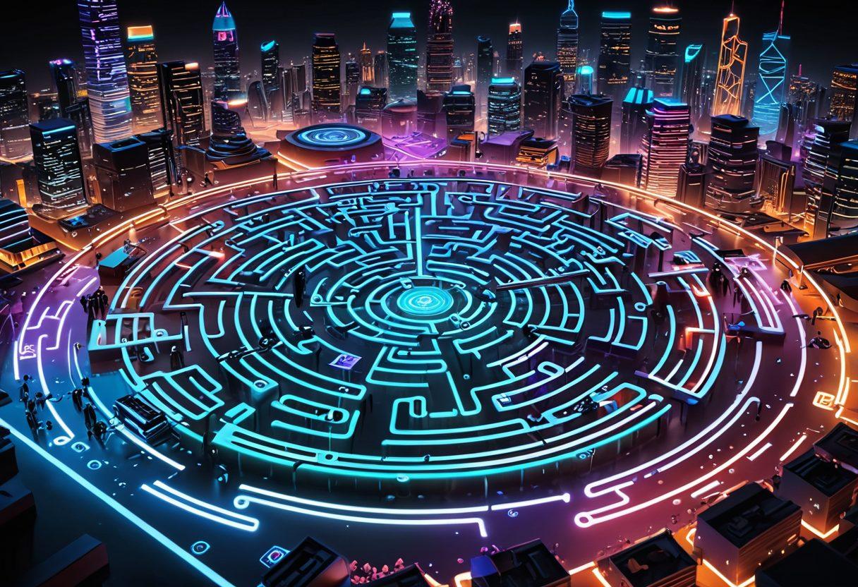 An intricate, digital labyrinth with both dark and luminescent colors, representing the mysterious dark web, merging seamlessly into a sophisticated cityscape of advanced web development tools and cybersecurity shields. The background should contain a mix of code snippets and security icons. cyberpunk. vibrant colors. high detail.