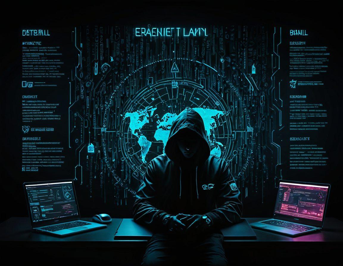 An intricate, futuristic web interface with dark-themed elements including code snippets, padlocks, and shields seamlessly blending into a dark web backdrop. Neon accents highlight key elements like a hacker silhouette behind a security firewall. cyberpunk. vibrant colors. high contrast.